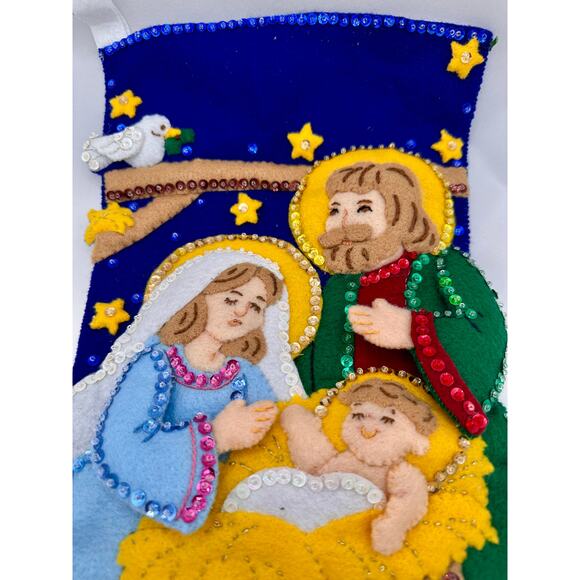 Handmade Felt Nativity Christmas Stocking Sequins, Beads, Religious Decor - Picture 1 of 7